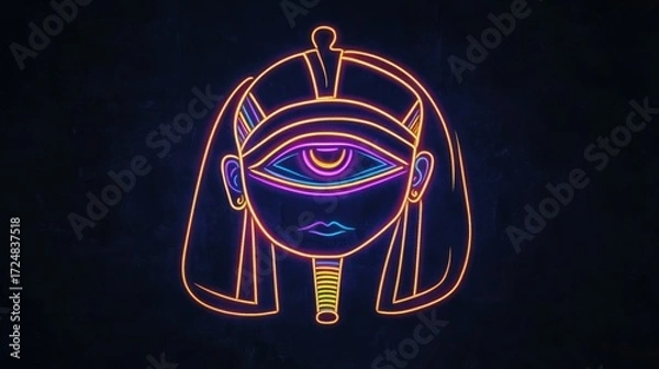 Fototapeta Egyptian Themed Logo, an outline of a Pharoah,a design of an eye is in the center,neon style, street art, black background 