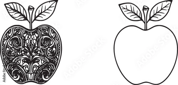 Fototapeta Decorative and Outline Apple Line Art – Black and White Minimal Fruit Vector Illustration Design