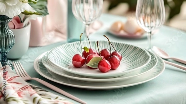 Fototapeta Festive table setting with cherries