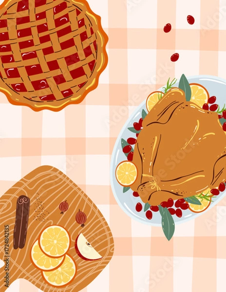 Fototapeta Thanksgiving greeting card with autumn harvest elements. Includes roasted turkey, berry pie, orange fruit, cinnamon and fall leaves. Vector Illustrations
