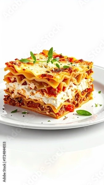 Fototapeta A delectable portion of lasagna, featuring layers of pasta, meat, cheese, and a rich tomato sauce, garnished with fresh herbs, sits on a white plate against a stark white backdrop