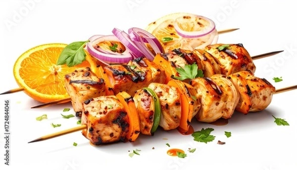 Fototapeta Grilled chicken skewers with orange, red onion, and bell pepper, garnished with parsley and a citrus slice, isolated on white