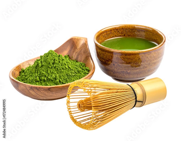 Fototapeta Matcha powder, cup, and whisk