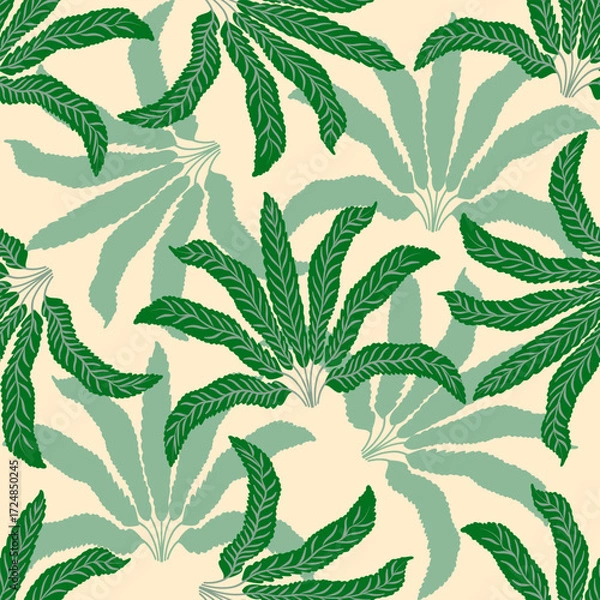 Fototapeta seamless pattern with green tropical leaves on a beige background, ideal for summer designs, fabric, and nature-inspired projects.