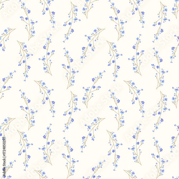 Fototapeta seamless floral pattern featuring small blue flowers and leaves on a soft cream background, perfect for spring and summer themes.
