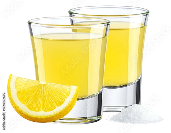 Fototapeta Two shot glasses filled with a yellow liquid, next to a lemon slice and salt