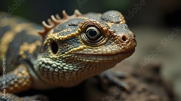 Obraz Spiny lizard head with intricate scales and a large, detailed eye in a macro view.
