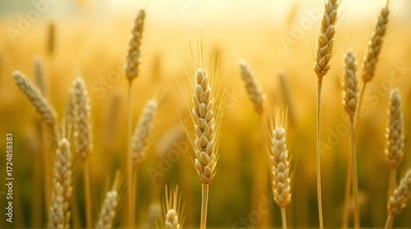 Obraz Close-up of a ripe wheat ear in a golden field at sunset