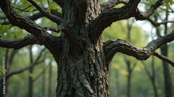 Obraz Close-up of a gnarled, ancient tree trunk with thick, textured bark and spreading branches in a soft-focus forest setting.