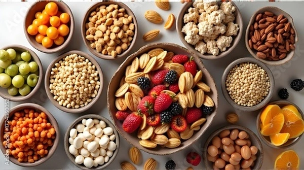 Obraz A vibrant assortment of fresh berries, nuts, and seeds in rustic ceramic bowls.