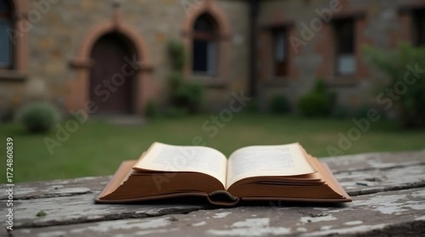 Obraz Vintage book resting on a weathered table with a historic building in the background