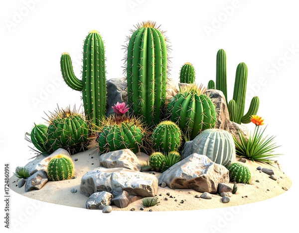Obraz Desert cacti cluster on rocks and sand