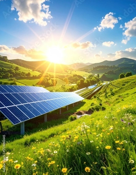 Fototapeta Solar panels amidst wildflowers on a lush hillside, basking in the golden glow of a sunrise against a blue, cloud-dotted sky