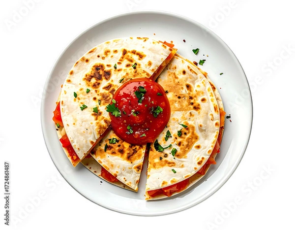Obraz Quesadilla slices on a plate, topped with salsa and herbs