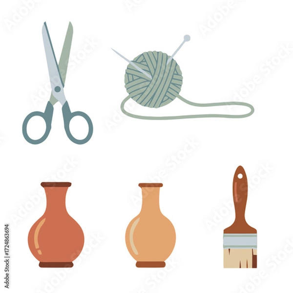 Fototapeta Craft and Hobby Supplies Set with Scissors Yarn Vases and Paintbrush