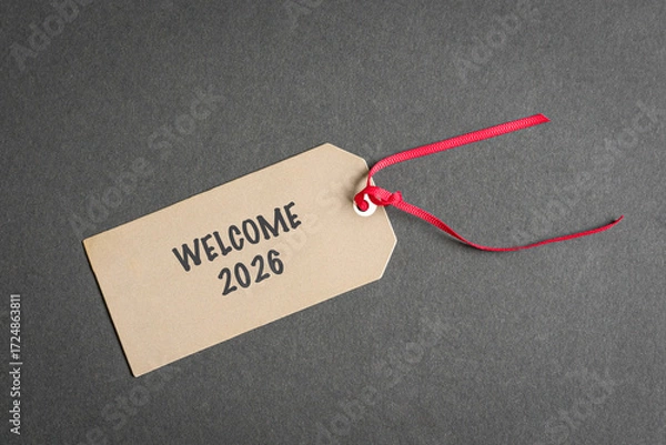 Fototapeta Welcome 2026 on paper tag with red ribbon, on top of dark gray surface.