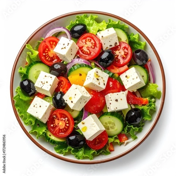 Obraz Overhead view of a vibrant salad in a bowl. It contains cheese, lettuce, tomatoes, cucumbers, olives and onion. Bright and colourful