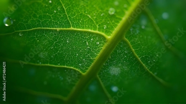 Obraz Macro Photography of Green Leaf Vein Detail with Water Droplets