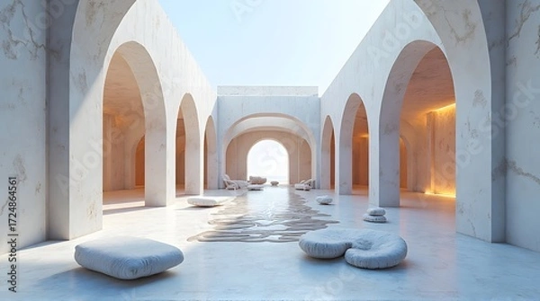 Obraz Minimalist Architectural Interior with Arches, Soft Furniture, and Light