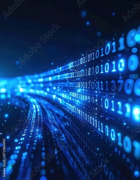Fototapeta Streaming binary code depicted in vibrant blues, suggesting connectivity, data flow, and information transfer through a digital network