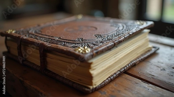 Obraz Close-up of Ornate Leather-Bound Book on Wooden Table