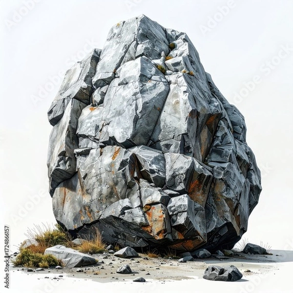 Obraz Gigantic boulder, rough hewn with textures, stands alone; patches of orange, small stones, and grass below. White background