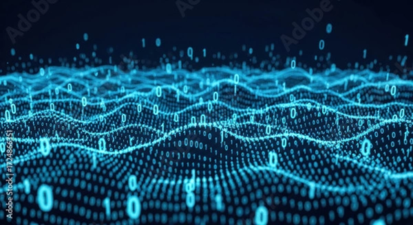 Fototapeta Abstract representation of digital data flowing like waves, showcasing binary code in a dark background