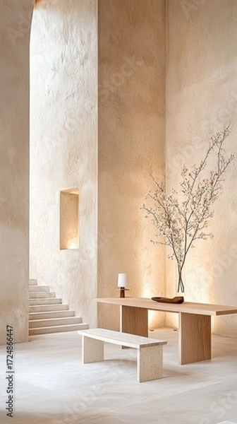 Fototapeta Exploring Minimalist Office Aesthetics with a White Room, Flowers and a Simple Bench