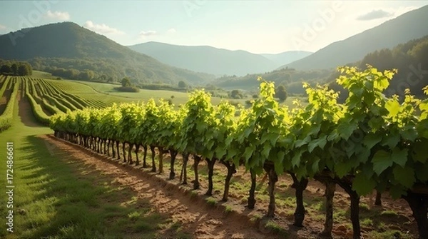 Obraz Scenic Vineyard Landscape with Sun-Kissed Grapevines and Rolling Hills