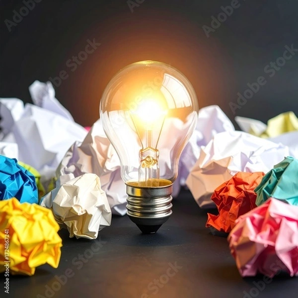 Obraz A lightbulb glows atop a pile of colorful crumpled papers against a dark backdrop, symbolizing innovation and new ideas