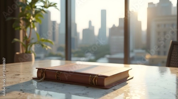 Obraz Vintage leather-bound book on a marble table with a modern city skyline view at sunrise.