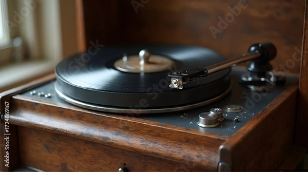 Obraz Vintage Record Player with Black Vinyl on Wooden Cabinet, Close-Up View