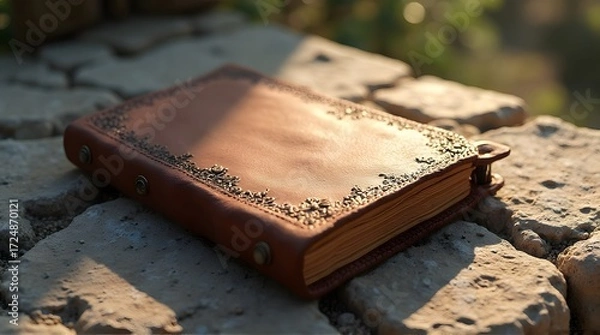 Obraz Vintage leather-bound journal with ornate metal details resting on sunlit stones.
