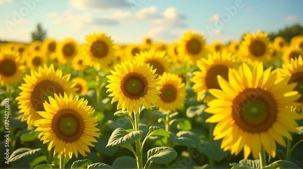 Obraz Vibrant sunflower field in full bloom under a bright, sunny sky with soft clouds.