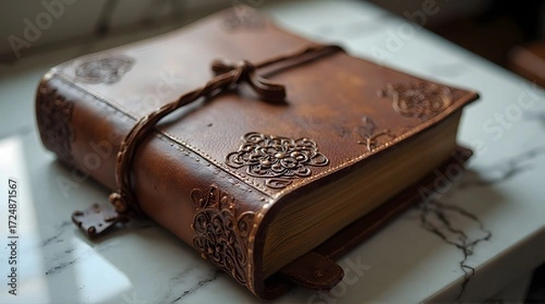 Obraz Vintage leather-bound journal with ornate filigree details and a strap closure on a marble surface.