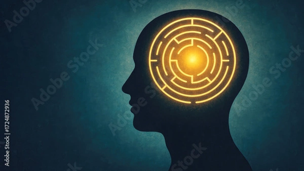Fototapeta Silhouette of a human head profile with a glowing circular maze inside representing the mind 