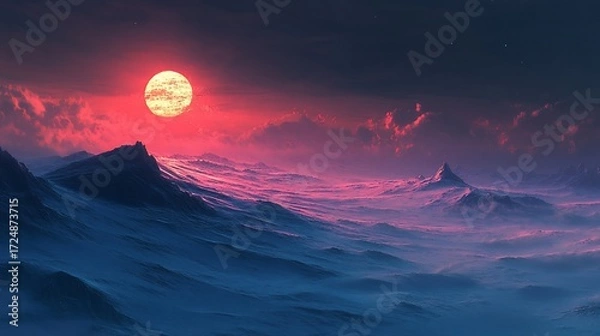 Obraz Dramatic sunset in a distant landscape, showcasing peaks and cloud formations