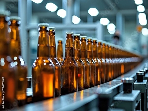 Fototapeta Row of Beer Bottles on Conveyor Belt in Factory with Worker