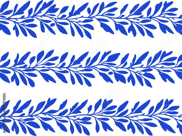 Fototapeta Crayon draw olive branches pattern in blue sketchy style. Vector for packaging, textile design, Mediterranean branding or decorative projects.