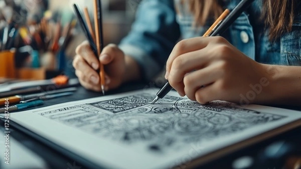 Obraz Artist's intricate work, creating detailed linework with focused dedication
