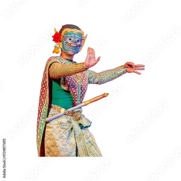 Fototapeta A Thai Khon performance of a giant character dressed and masked in the Ramayana on a white background.