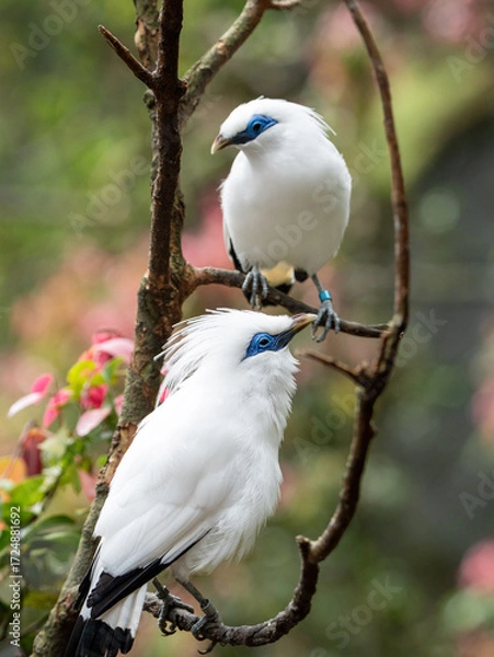 Fototapeta A Pair of Bali Myna Birds Communicating While Perched on a Tree Branch