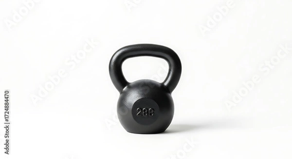 Fototapeta Isolated black kettlebell on a white background with a handle and weight marking in the center ai generated