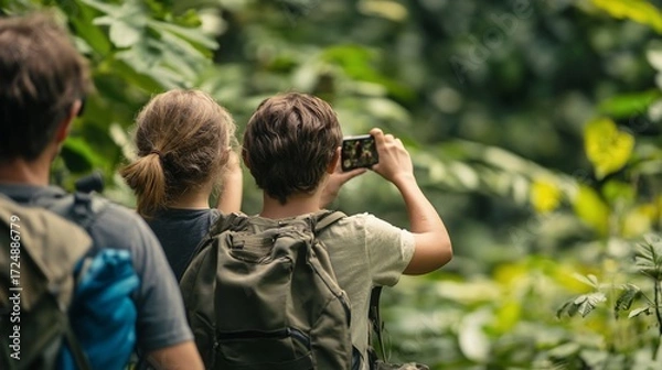 Obraz Adventurous family capturing memories with smartphone during lush forest trek