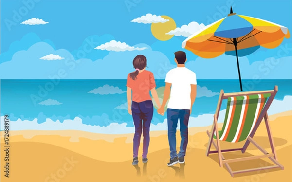 Fototapeta couple of tourist or students with backpack on the beach in Summer holiday vacation concept. Colorful and flat illustration. Vector