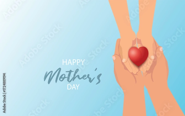 Fototapeta  Happy Mother's Day or International Day of Families.Happy women's day.Heart in the hands of daughter and mother on a blue background.I love you.Banner for store.Greeting card. Banner. vector, 