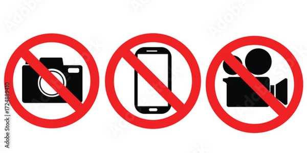 Fototapeta Camera, video and phone prohibition symbol sign set. No photographing and filming prohibit icon logo collection. Vector illustration
