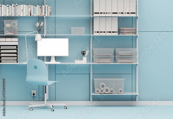 Fototapeta Pastel blue monochrome minimal office table desk. Minimal idea concept for study desk and workspace. Mockup template, 3d rendering	