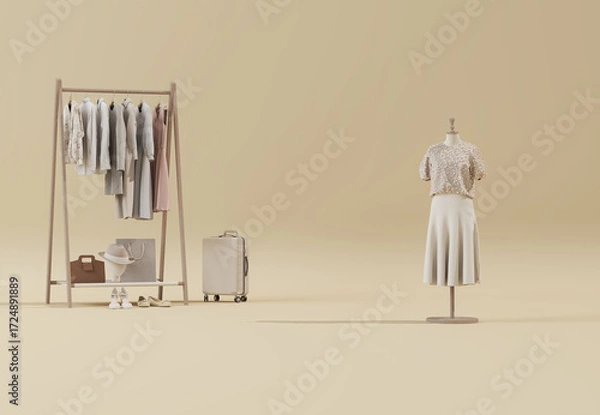 Fototapeta Clothes on neutral background, shelf on cream backdrop, dry plant pot. Fall winter  collection of clothes hanging on rack in beige tones. 3D rendering, store and bedroom concept
