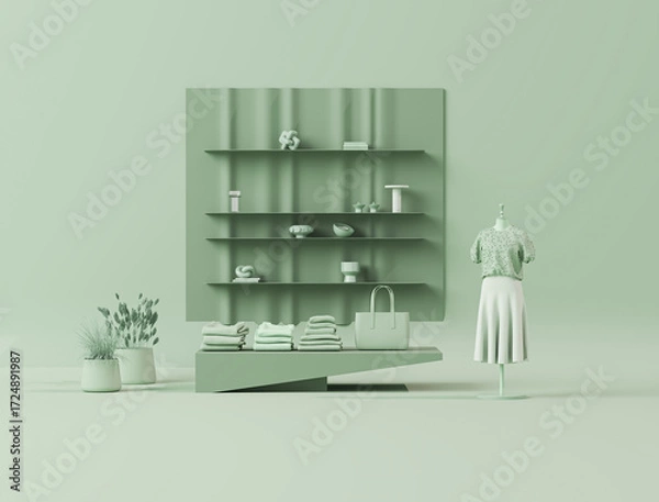 Fototapeta Clothes on green background, shelf on pastel backdrop, dry plant pot. Fall winter  collection of clothes hanging on rack in beige tones. 3D rendering, store and bedroom concept